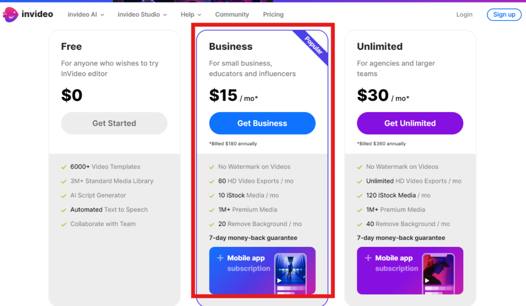 Business pricing plan of Invideo AI