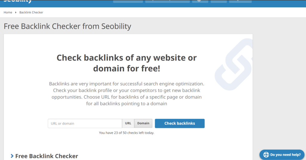 Free Backlink Checker from Seobility