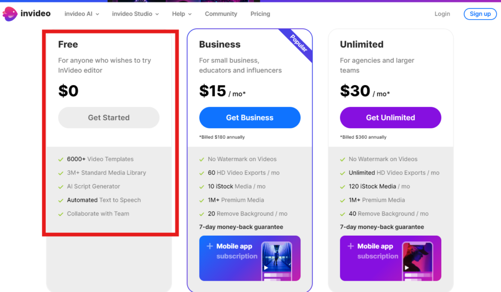 Free pricing plan of Invideo AI is highlighted and also showing all other pricing plans