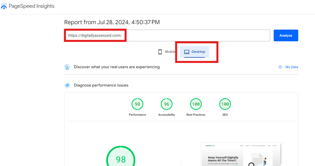 Google PageSpeed Insights showing page speed in 4 different categories like seo, performance, accessibility and best practices