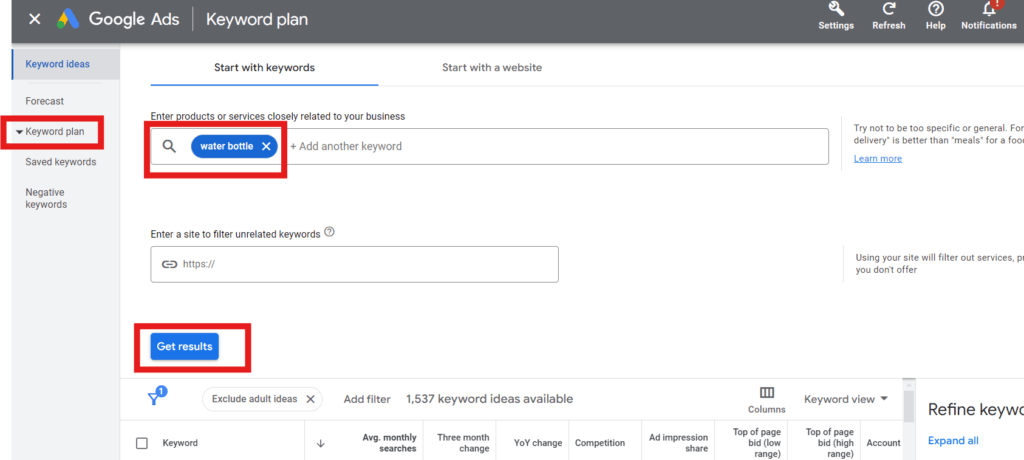 Google keyword planner dashboard showing an example of a keyword entered to get search results