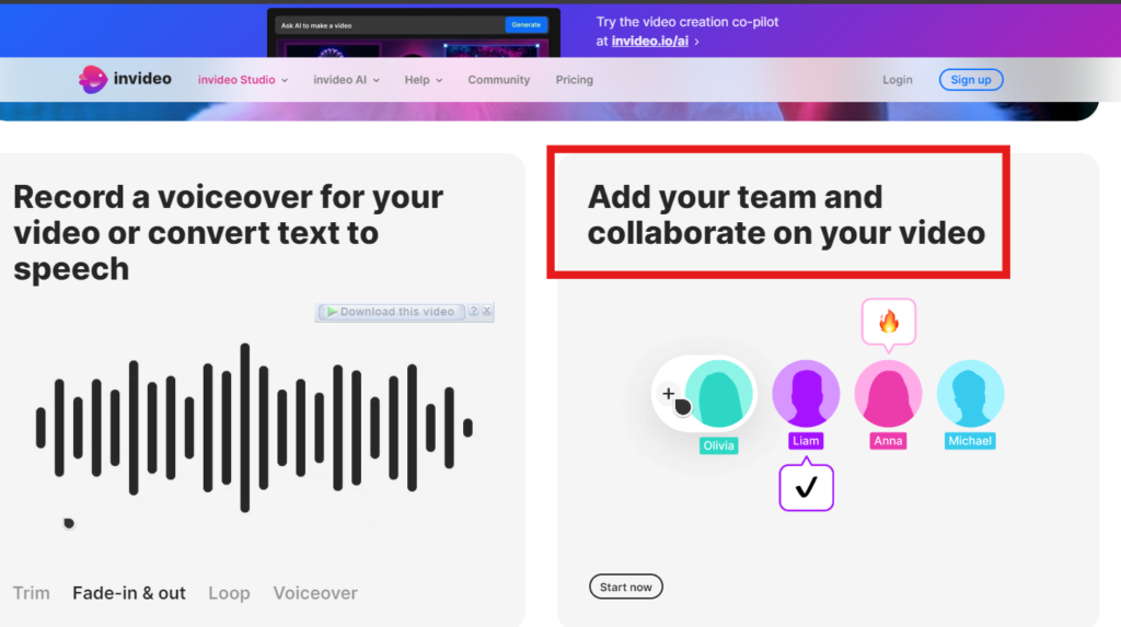 Invideo AI collaboration feature with teammates