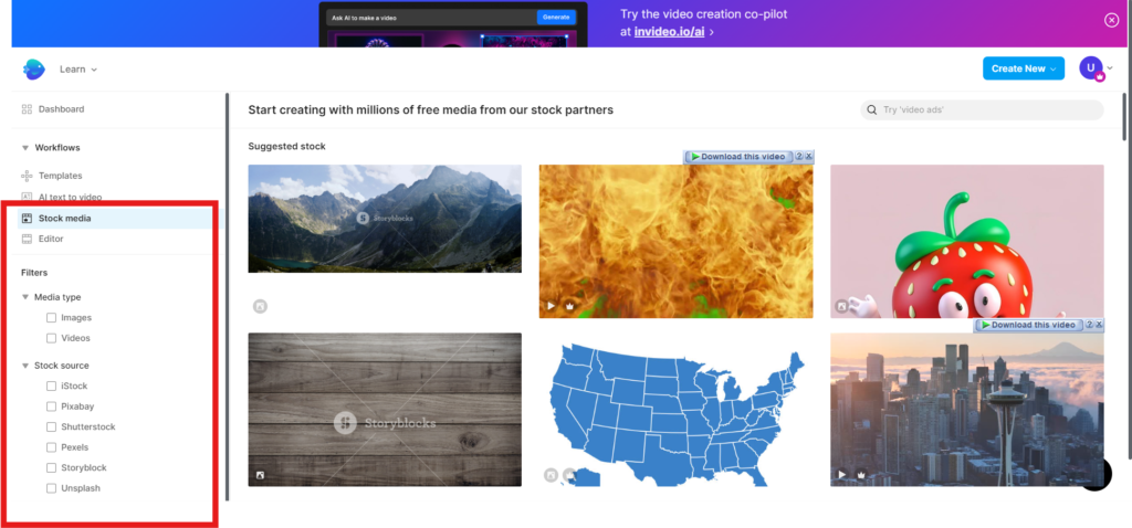 Invideo stock media showing stock images, videos and music files