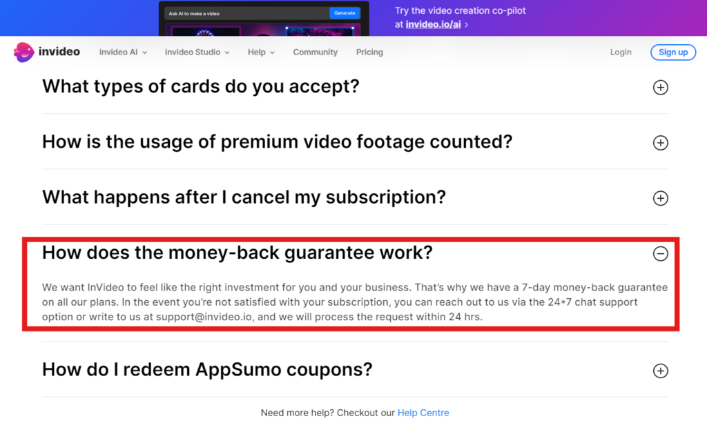 Invideo money back guarantee and how does it work