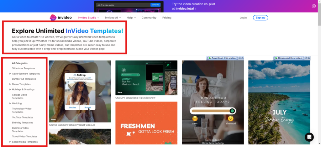 Invideo pre-made templates