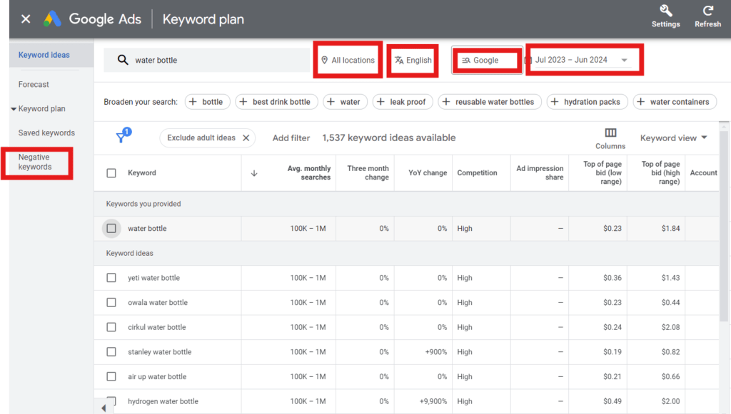 Keywords research filter showing filters like negative keywords, language, locations, search networks e.g. Google and time duration in which time period anyone would like to get results to and from