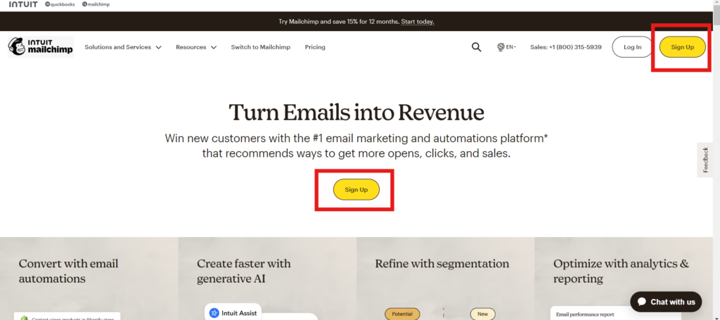 Mailchimp homepage with the "Sign Up" Button