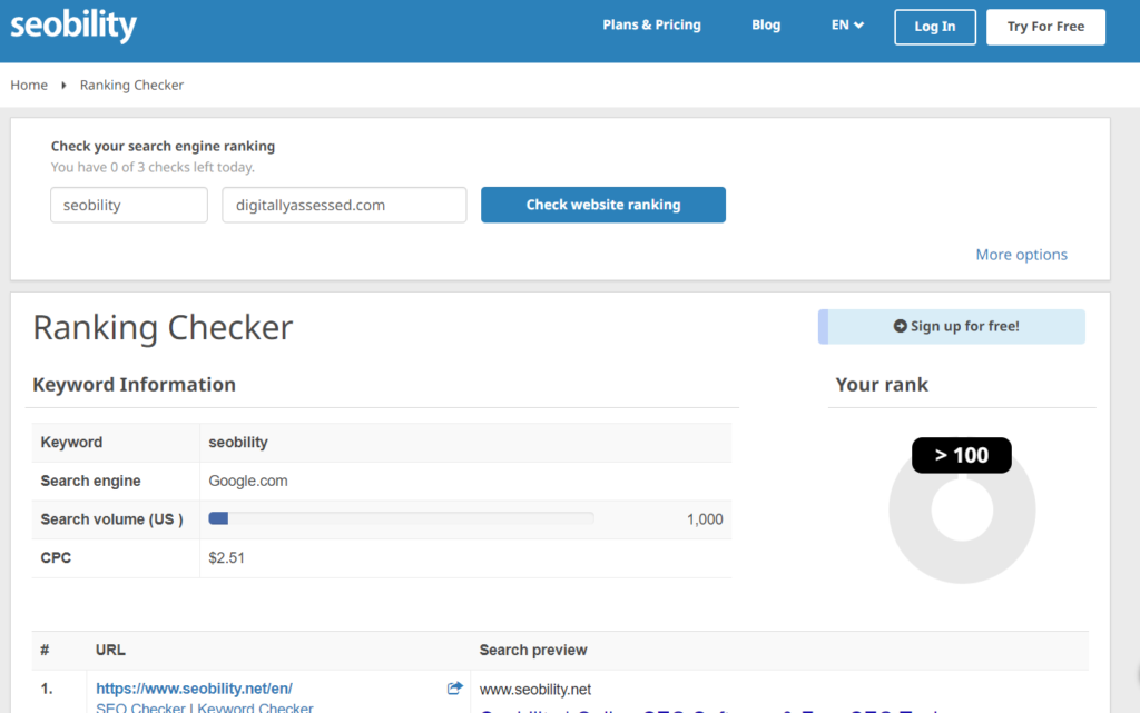 Rank Tracking with Seobility check