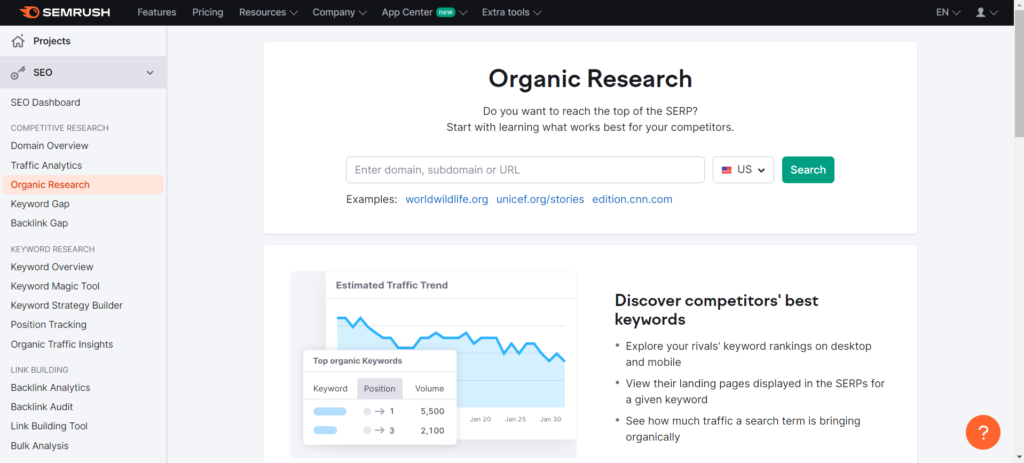 SEMrush dashboard