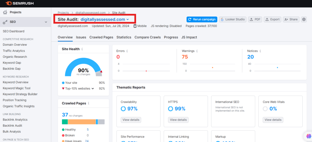 SEMrush seo Site Audit showing site audit of a website with different factors like site health, errors, warnings, notices etc.