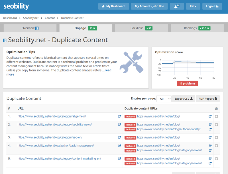 Seobility duplicate content section in seobility report