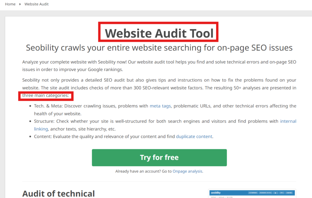 Seobility website audit tool