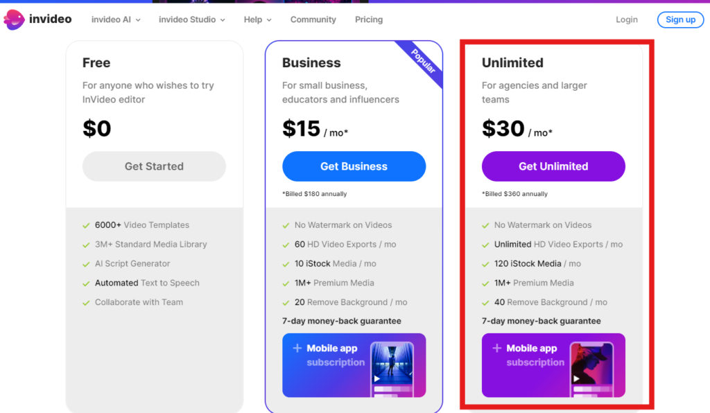 Unlimited pricing plan of Invideo AI