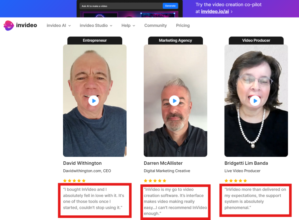User Feedback of numerous clients about Invideo AI. All discussing how good invideo AI is.