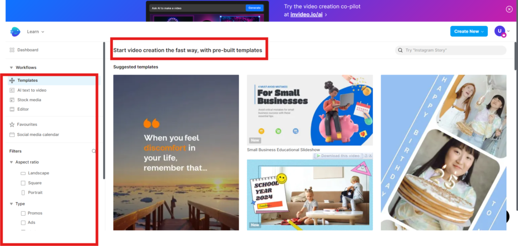 invideo pre-built templates library showing different features of invideo ai