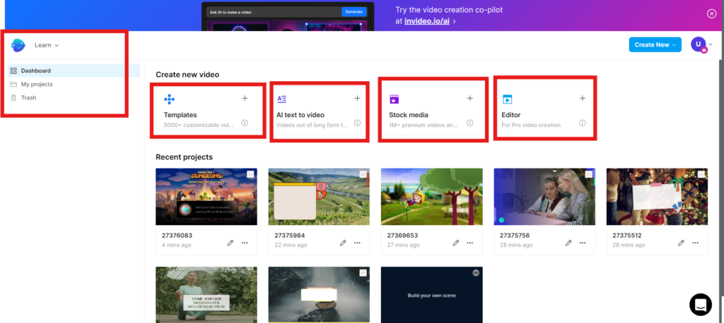 invideo dashboard showing the user friendly interface