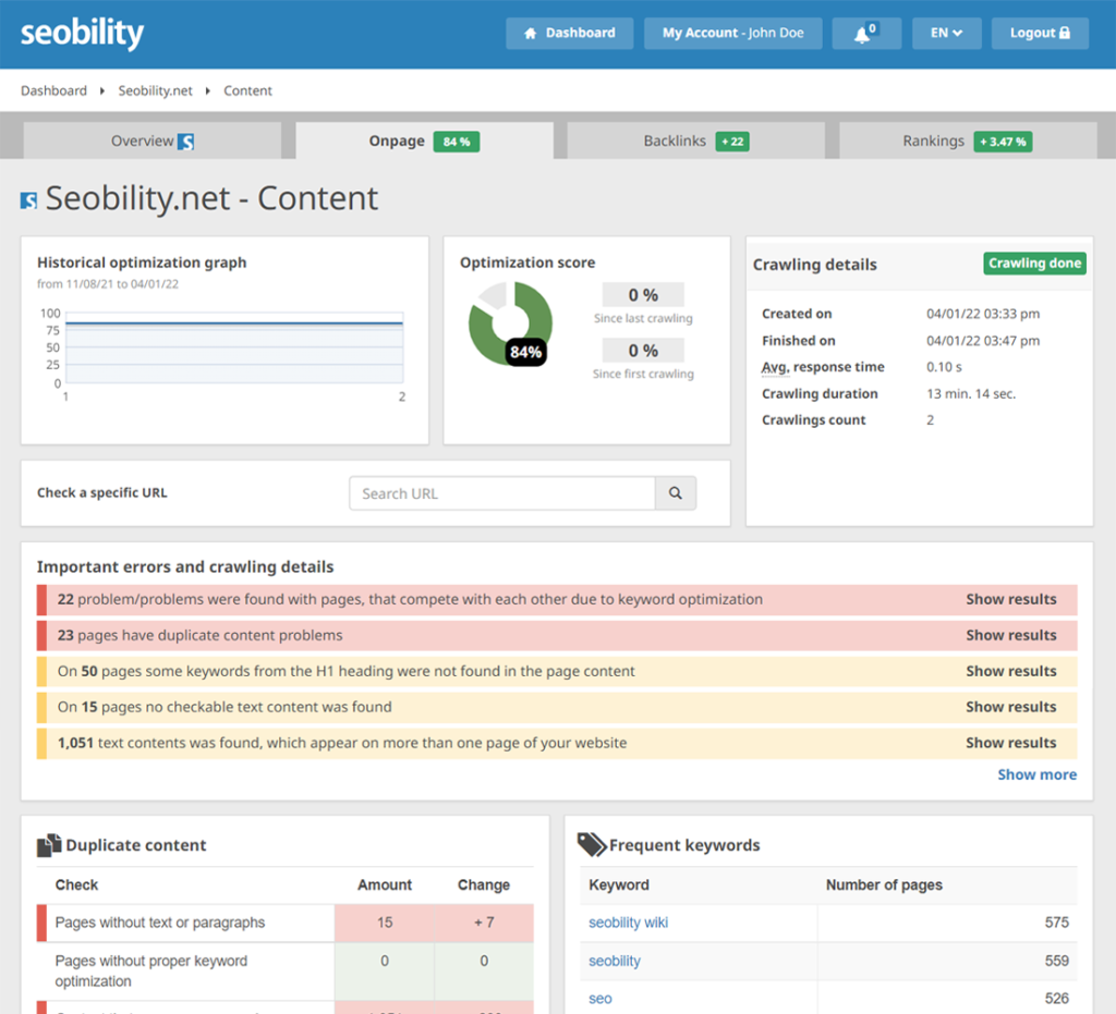 seobility content analysis dashboard showing errors and recommendations