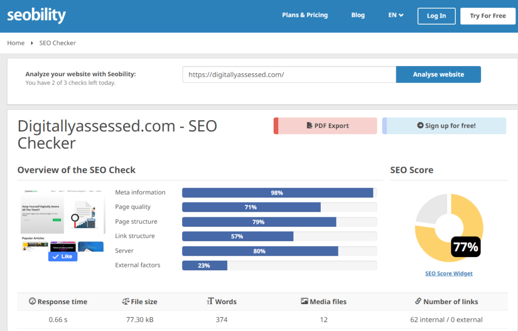 seobility keyword analysis tab available for free on seobility website