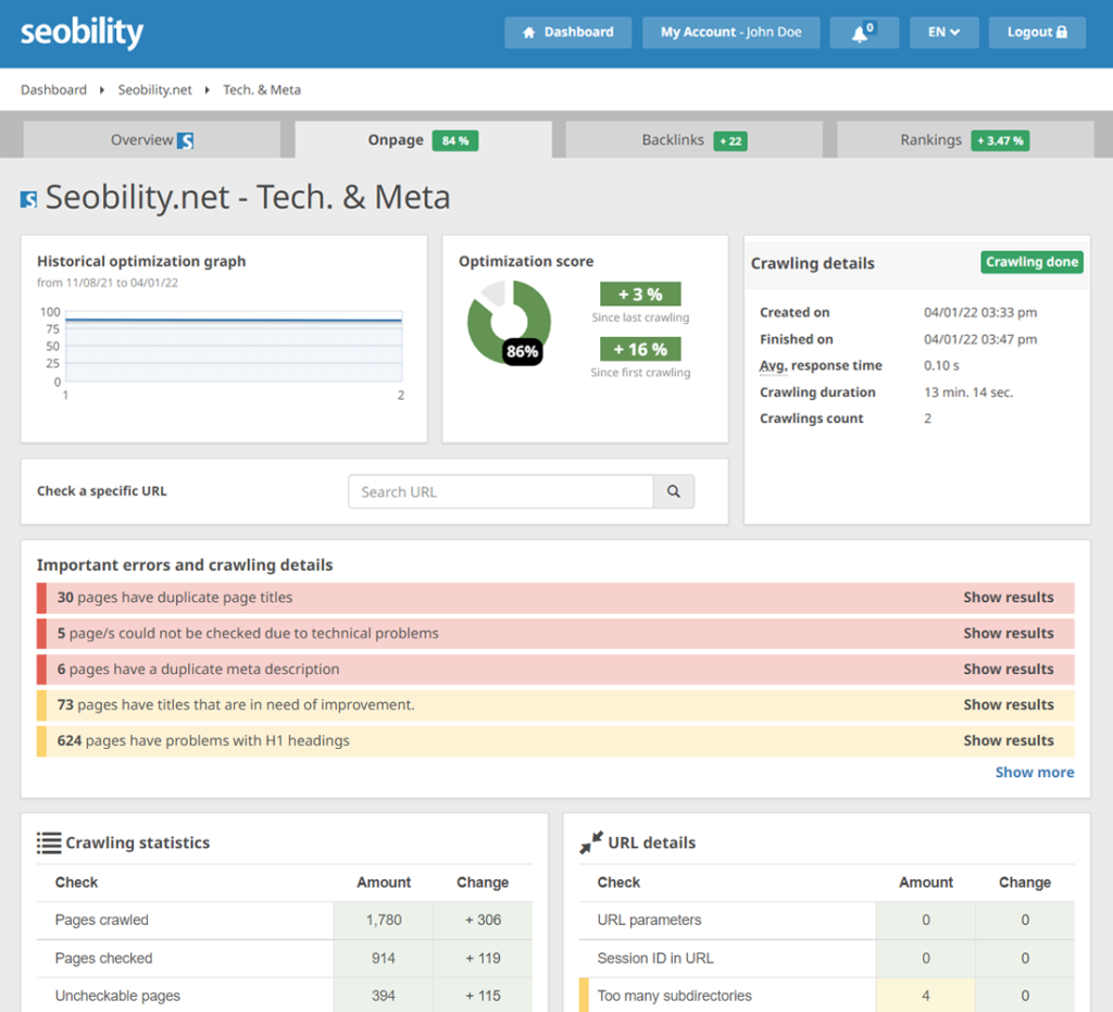 Seobility Technical SEO showing dashboard