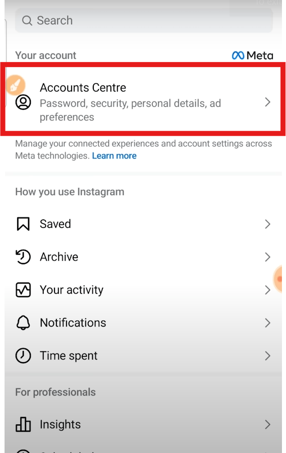 Accounts center from where the instagram account can be deleted or deactivated