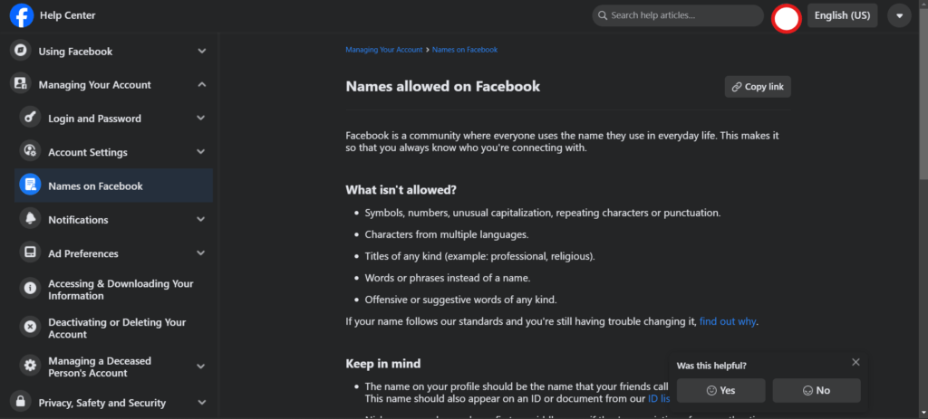 Name change help on Facebook, policies and allowed names rules and regulations on Facebook