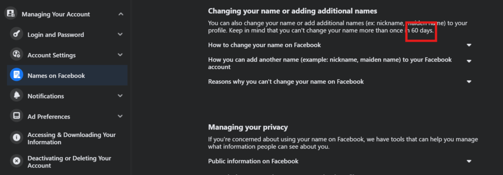 Name change frequency on Facebook