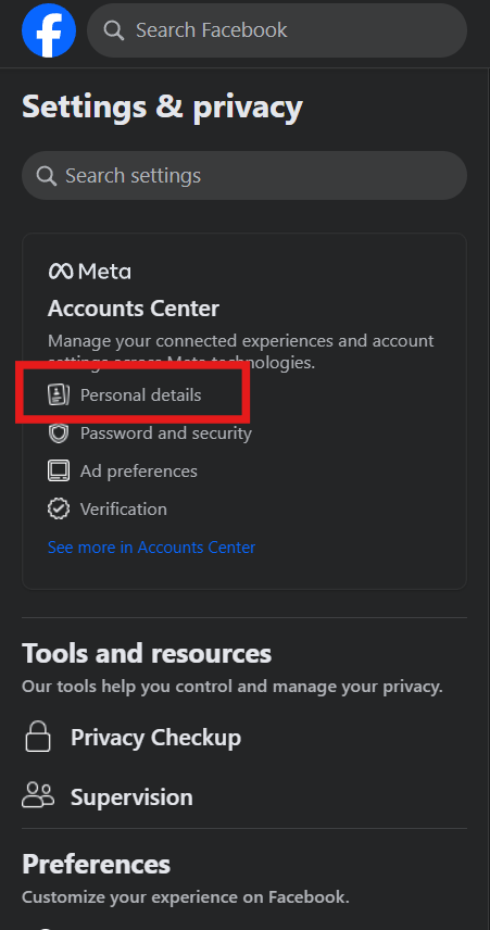 Personal details in the accounts center of Facebook