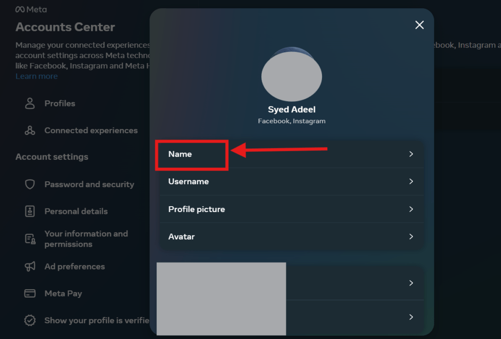 Personal settings change in the accounts center in Facebook