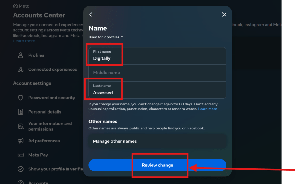 Review changes of your NEW Facebook Name