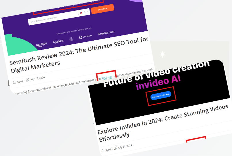 A screenshot of a well-crafted blog post with affiliate links, SemRush & Invideo.io